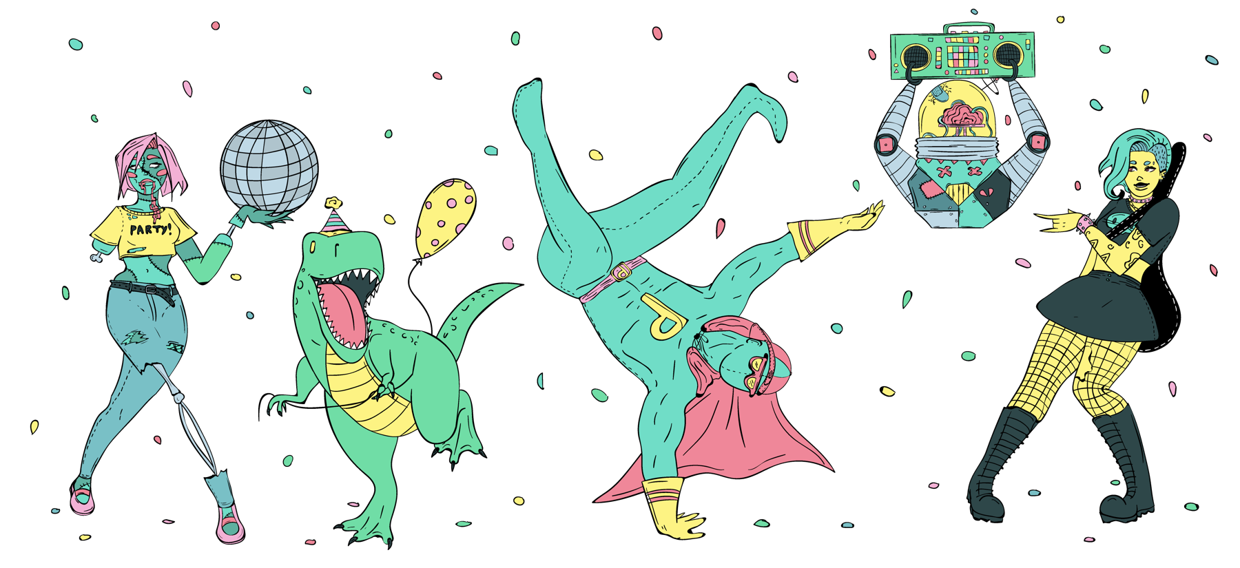 Zombie, dinosaur, robot, rockstar, and superhero all dancing
